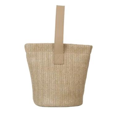 Imagem de Bolsa balde de palha de tecido festivo verão pequena (cáqui)