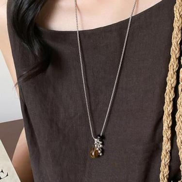 Imagem de Colar feminino com contas de pedra âmbar, colar moderno, estilo longo, acessório versátil, Large, Titânio, Sem Pedra Preciosa