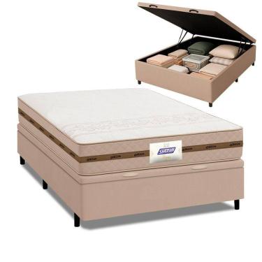 Imagem de Cama Box Baú Casal Colchão Molas Flora Bege 138x188x61cm Marrom