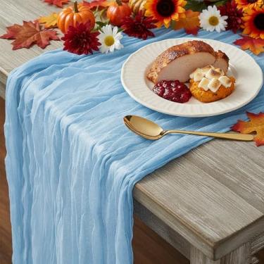 Imagem de Caminho de mesa de gaze azul, corredor de mesa de gaze rústica Boho de 300 cm para outono, Ação de Graças, casamento, festa, chá de bebê, aniversário, decorações de casa e férias