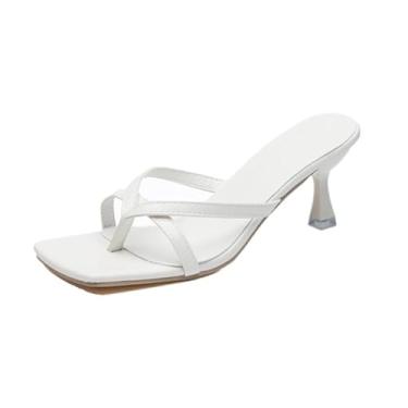 Imagem de MGGMOKAY Sandálias femininas de salto gatinho bico quadrado bico aberto chinelos femininos salto alto, Branco, 35