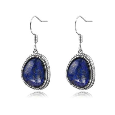 Imagem de Brincos femininos de quartzo rosa/ônix preto/turquesa de cobre, turquesa, brincos de aço inoxidável com pingente de pedra preciosa, Aço inoxidável, Lápis-lazúli