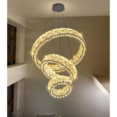 Imagem de AFQEJG Lustre de cristal de 32 polegadas com 3 anéis, lustres modernos, luminárias de teto reguláveis, pingente contemporâneo de luxo para sala de jantar, quarto, sala de estar, preto