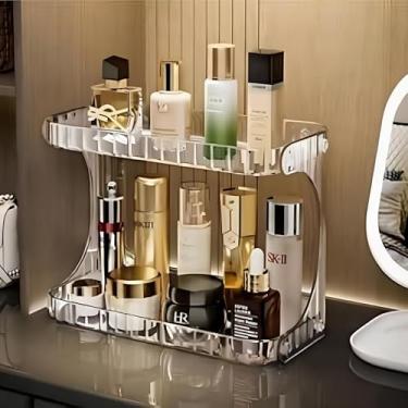 Imagem de Organizador de Maquiagem Multiuso 2 Andares em Acrílico Premium – Prateleira Transparente Para Cosméticos, Makes, Banheiro, Cozinha, Quarto ou Penteadeira com Design Moderno e Elegante