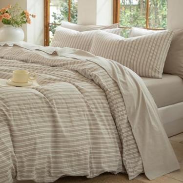 Imagem de BESTDESIL Jogo de lençol 4 peças, 100% algodão lavado, 1 lençol com elástico, 1 lençol de cima e 2 fronhas, conjunto de lençol texturizado confortável (bege, Queen)