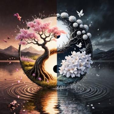 Imagem de Diymood Kits de pintura de árvore de arte de diamante 5D DIY para adultos, pintura com cenário de arte de diamante, broca completa, tela redonda, bordado, mosaico, iniciante, decoração de parede