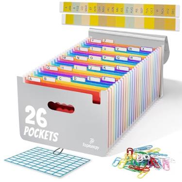 Imagem de Organizador de arquivos sanfonados, pasta sanfonada expansível com 26 bolsos, organizador de arquivos tamanho carta A4 com abas coloridas, cordão elástico, 60 clipes de papel, etiquetas e adesivos