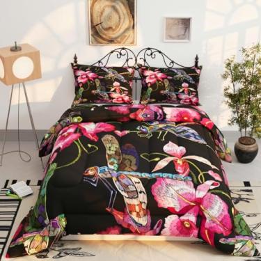 Imagem de Namoxpa Conjunto de edredom decorativo com libélula para crianças e adultos, estampa 3D com cores preto escuro brilhante, com 2 fronhas, tamanho Queen