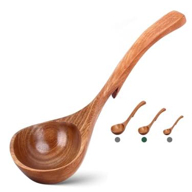 Imagem de Concha de sopa de madeira de tamanho médio com gancho traseiro, adequada para fazer sopa de cozinha doméstica e servir líquido quente, ideal para pequenas refeições e mingau diário, 23 cm