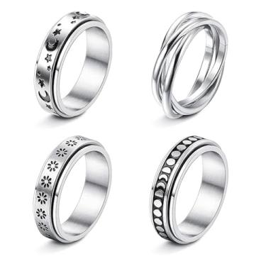 Imagem de zmzdp 4 anéis de ansiedade prateados para mulheres de aço inoxidável fidget ansiedade anéis giratórios lua, estrela, flor, fase da lua, anel entrelaçado triplo para alívio de estresse