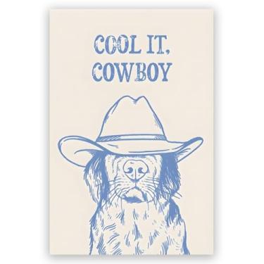 Imagem de Pôster de arte de parede moderno fofo azul labrador engraçado legal it cowboy cão ocidental vintage funky peculiar minimalista animal impressão em tela para escritório faculdade dormitório meninas