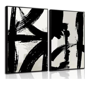 Imagem de Conjunto de 2 telas emolduradas preto e branco pinceladas arte de parede moderna abstrata minimalista linha de tinta pintura retrô meados do século impressão geométrica para decoração de escritório e
