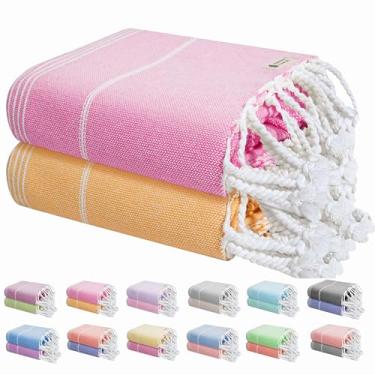 Imagem de HEIRLOOM COMFORT Pacote com 2 toalhas de praia, grandes 102 x 180 cm, secagem rápida, sem areia, absorvente, 100% algodão, piscina, spa, toalhas de viagem, leves, laváveis - amarelo rosa e mostarda