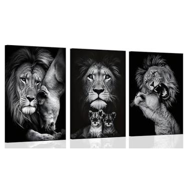 Imagem de 3 peças emolduradas preto e branco família de leões tríptico arte de parede pinturas em tela de pôsteres de animais impressões de fotos decoração de parede para quarto sala de estar escritório