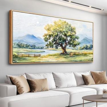 Imagem de PHAOHUAXM Arte de parede de casa de fazenda para sala de jantar decoração de parede para quarto escritório árvore verde lavagem tinta paisagem pintura imagens arte estética sala de estar decoração de