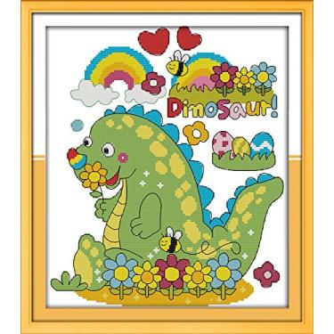 Imagem de CrossNest Kit de ponto cruz com contagem de animais de 14 quilates para iniciantes, conjunto completo de bordado DIY não impresso com padrão e ferramentas, pano Aida premium e linhas (HelloDino)