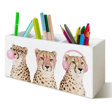 Imagem de YTRGI Organizador de lápis de leopardo, moderno, divertido, para mesa, decoração de quarto de guepardo, decoração de quarto de chita, estética Y2k, placa de bloco de madeira para decoração de mesa de