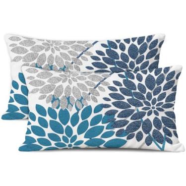 Imagem de WitHero Conjunto de 2 capas de almofada decorativas, 30,5 x 50,8 cm, branco, linho, azul, prata, cinza, casa de fazenda, interior, exterior, moderna, floral, dália, flores, capa de almofada para sofá