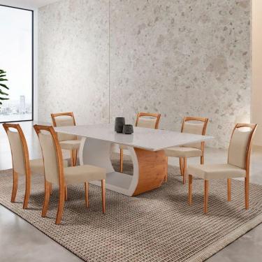 Imagem de Mesa Ellis 180cm Tampo Laqueado Com Vidro Com 6 Cadeiras Munique Linho Premuim/imbuia Nat./off White