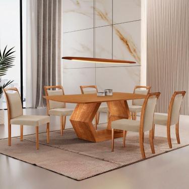Imagem de Mesa Ane 180 Tampo Laminado Barril Com 6 Cadeiras Munique Linho Premium Imbuia Natural