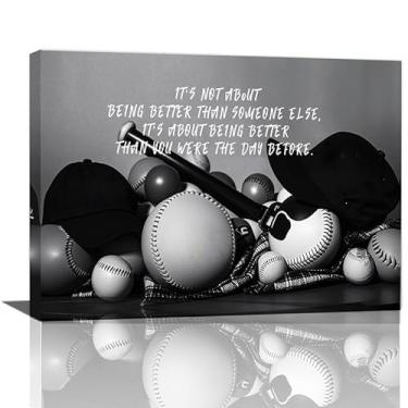 Imagem de Luxey Aura Arte de parede de esportes de beisebol preto e branco decoração de parede motivacional citações inspiradoras pinturas em tela arte emoldurada para treinador, academia, meninos, homens