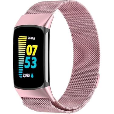 Imagem de PANDA BOBO Pulseira de malha de metal para Fitbit Charge 6/Charge 5, pulseira de substituição ajustável com alça milanesa (rosa rosa)