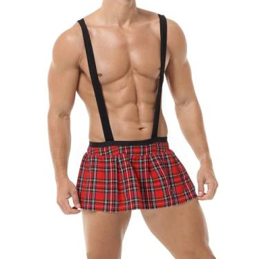 Imagem de Saias Sissy para homens, lingerie de fantasia sexy, mini saia xadrez para dramatização, roupas de estudante, Vermelho, Tamanho Único