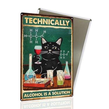 Imagem de Placa de metal vintage de gato preto, tecnicamente álcool é uma solução, placa engraçada de gato, decoração de parede para quarto, banheiro, placa de metal para gatos, decoração de casa para amantes