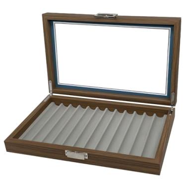 Imagem de Estojo para caneta nogueira com 12 compartimentos com tampa transparente e trava de metal, perfeita para exibição de mesa e armazenamento colecionável