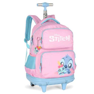 Imagem de Mochila Grande Rodinha Stitch Reforçada Juvenil Rosa Disney