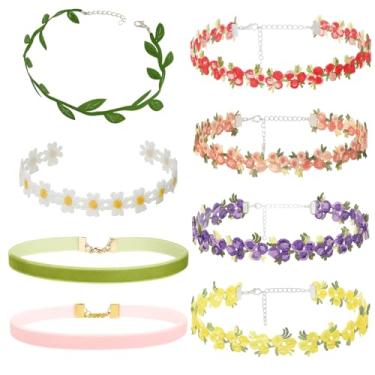 Imagem de ZHLKHIOP Gargantilha de renda feminina, conjunto de 8 peças de gargantilha floral e sólida, coleção de gargantilhas de flores elegantes para uso diário