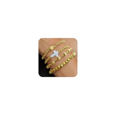 Imagem de Z ZACHÉ Pulseiras de prata douradas para mulheres, pulseiras empilháveis com contas banhadas a ouro 14 K, joias elásticas ajustáveis, Medium, Latão, Sem Pedra Preciosa