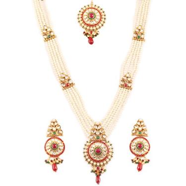 Imagem de Touchstone Colar indiano Bollywood feito à mão tradicional Royal Mughal Kundan Polki Meenakari esmaltado colorido conjunto de colar longo em tom dourado e prateado para mulheres., 24, Liga metálica