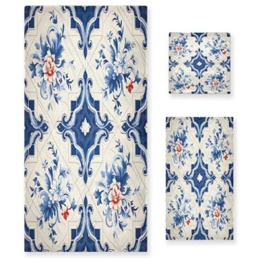 Imagem de Blueangle Conjunto de toalhas Azulejos Azulejos Azuis Vintage Azuis Azuis - 3 Peças Toalhas de Banheiro Absorventes Macias para Spa e Decoração de Casa (Inclui Banheira, Toalha de Mão e Toalha) #282
