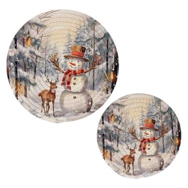 Imagem de Blueangle 2 peças de suporte de panela de trivet de boneco de neve de Natal - conjunto de pegadores de panela de tecido redondo - almofadas quentes trançadas de algodão - porta-copos - tapetes de mesa