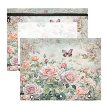 Imagem de SEHANY Pasta de lápis de flores de jardim com 3 anéis - bolsa de documentos com zíper tamanho A4 com janela transparente para sala de aula, escritório, 2 peças