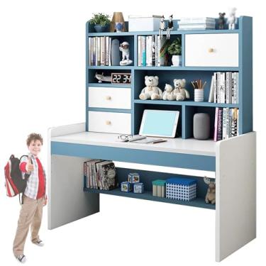 Imagem de HGTRH Mesa com 2 gavetas de armazenamento e prateleira, mesa de estudo ajuste de altura 65 ~ 75 cm placa de partículas secretária compacto mesa de escrita azul rosa azul 47,2 ''