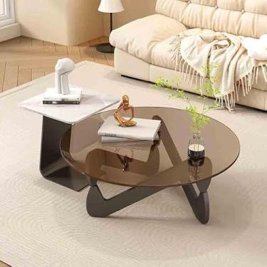 Imagem de Yadlan Conjunto de mesas de centro redondas modernas, mesas de café, mesa de centro de vidro, conjunto de 2 mesas laterais com suporte triangular, mesas de canto para sala de estar, quarto, varanda