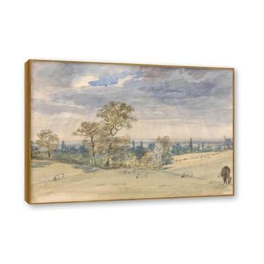 Imagem de Moldura de teca. Arte em tela romantismo estilo constable (paisagem 45), pintura de paisagem inglesa emoldurada, decoração de parede elegante para sala de estar escritório. 40 x 56 cm - 15,7 x 20,1