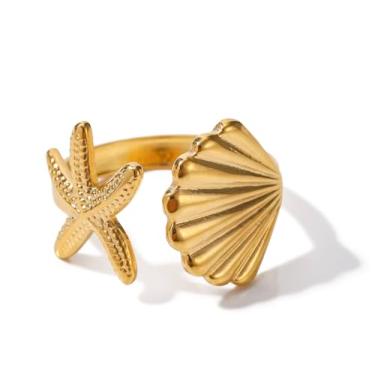 Imagem de OFC Anel de coquetel feminino moda praia estrela do mar, ajustável e aberta banhada a ouro 18 quilates de aço inoxidável empilhável delicada joia de praia de férias de verão anel de polegar moda estilo (JDRW2305004)