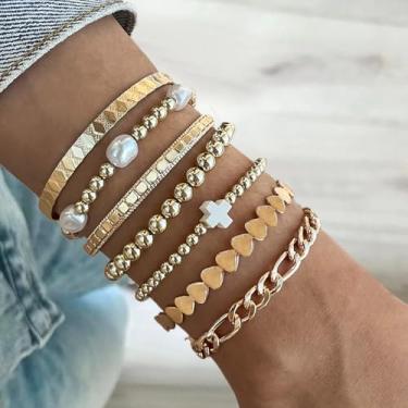 Imagem de Bracet de pérola para mulheres, pulseiras empilháveis com contas douradas, pulseiras com contas modernas, joias elegantes para mulheres, presente para ela, conjunto de suspensórios empilháveis, Medium