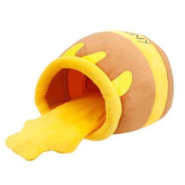 Imagem de Cama caverna para gatos, pote de mel, material de veludo denso de 45 x 35 x 25 cm, ninho de esponja de rebote macio e grosso com almofada removível e lavável, camas para gatos internos para gatos