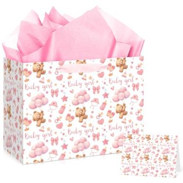 Imagem de Woosytoo Bolsa de presente de urso rosa para bebês meninas, urso grande, bolsa de presente de aniversário com papel de embrulho e cartão, bolsa de pelúcia rosa para crianças recém-nascidas, chá de