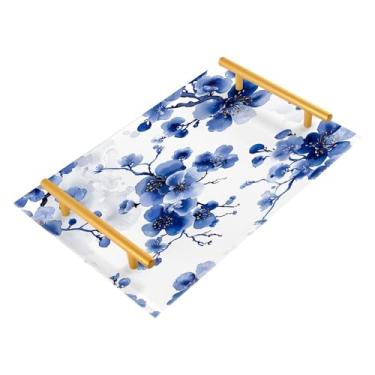 Imagem de Wassud Bandeja de banheiro Blue Cherry Blossoms com alças organizador de perfume de joias de acrílico para banheiro, quarto, cozinha, balcão 30 x 20 cm