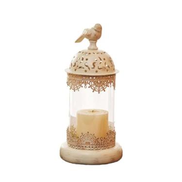 Imagem de Castiçal de castiçal com tampa de vidro gaiola de pássaro de ferro suporte de castiçal de lanterna ornamentos de mesa, branco pequeno, 14 * 14 * 30 cm