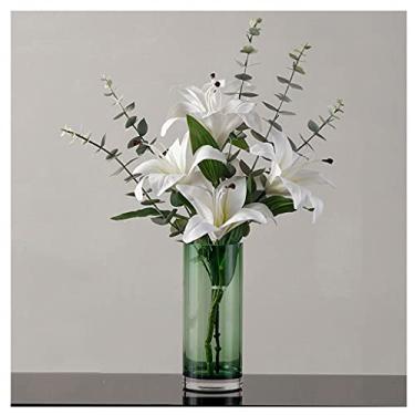 Imagem de LMJYU Flores artificiais, interiores, modernas, artificiais, lírio, flor, seda, hotel, mesa, cemitério, arranjo de casamento