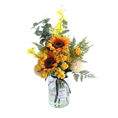 Imagem de LMJYU Flor artificial com vaso orquídea flores de girassol falsas com vaso arranjo de flores artificiais com vaso flor artificial para decoração de escritório em casa, orquídea