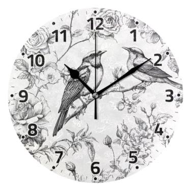 Imagem de WELLDAY Relógio de parede sem tique-taque 25 cm - Pássaros pretos brancos operados por bateria relógio redondo silencioso de quartzo para casa/escritório/cozinha/sala de aula