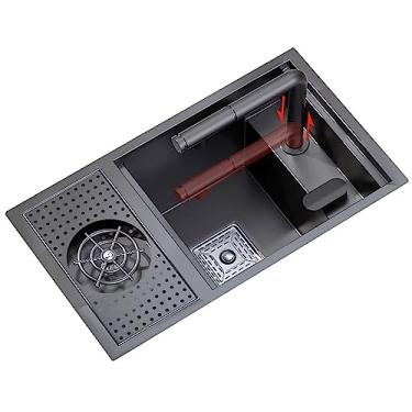 Imagem de PVXMQFFA Pia de cozinha de aço inoxidável bancada de cozinha oculta mini pia única com tampa lavadora de copo de alta pressão 360° giratório / torneira de elevação removível (cor: preto, tamanho: 60 x