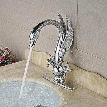 Imagem de LMJYU Torneiras de cozinha Torneira de latão cromada prata cisne torneira de bacia montada no deck torneira de banheiro torneira misturadora de água quente e fria torneira de água de banho torneiras